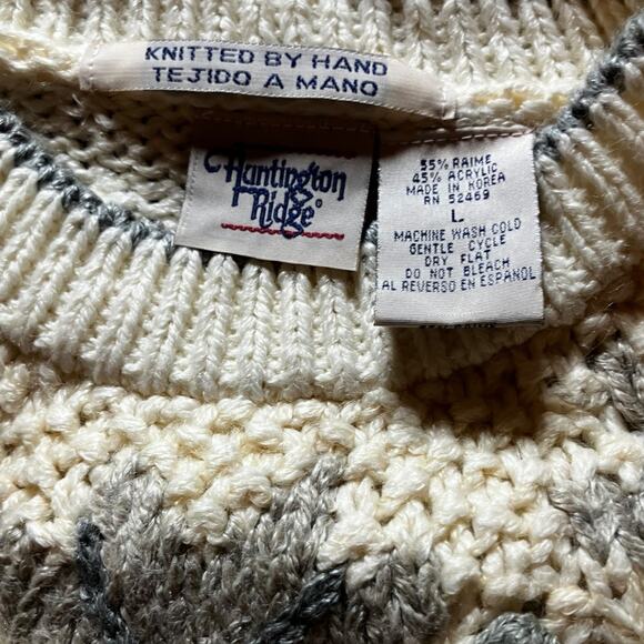 Vintage Huntington Ridge Hand Knit Fringe Sweater L Cream Gray Nordic Western - Picture 6 of 7